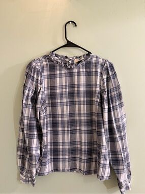 Universal Thread Plaid Ruffle-Neck Long Sleeve Top - Blue & White